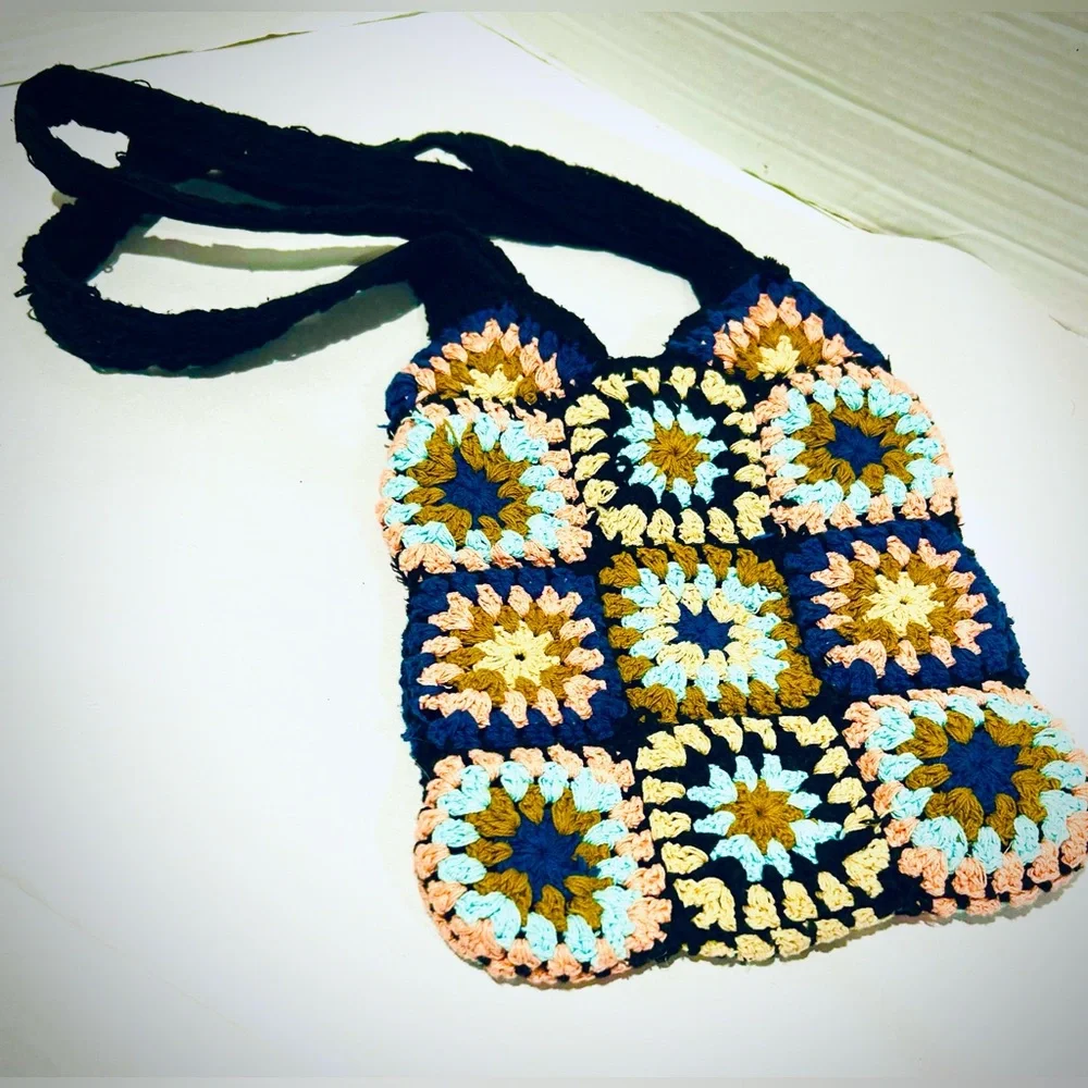 Vintage boho crochet granny square hobo bag crossbody purse